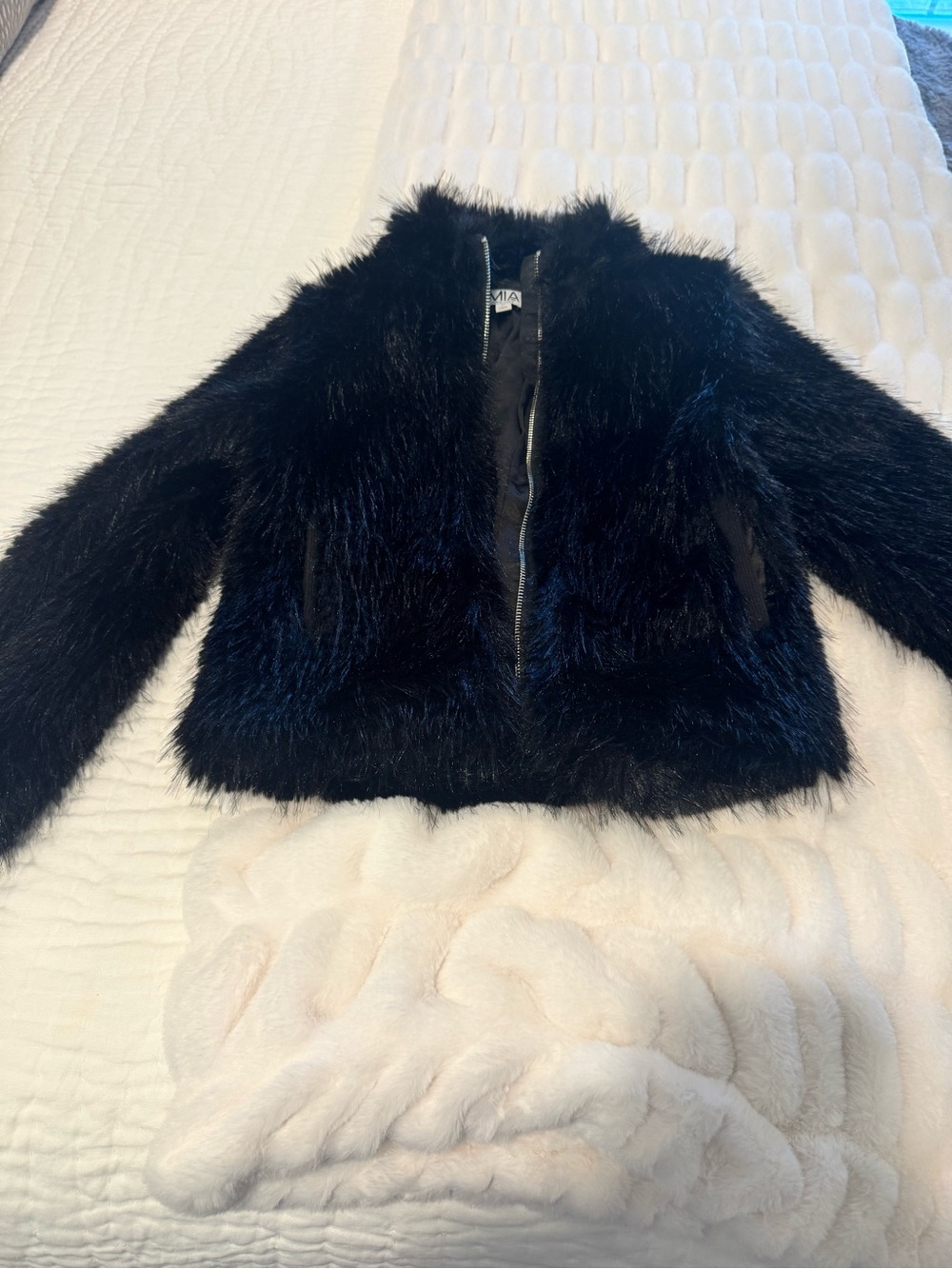MIA Black Faux Fur Zip Jacket - Girls
